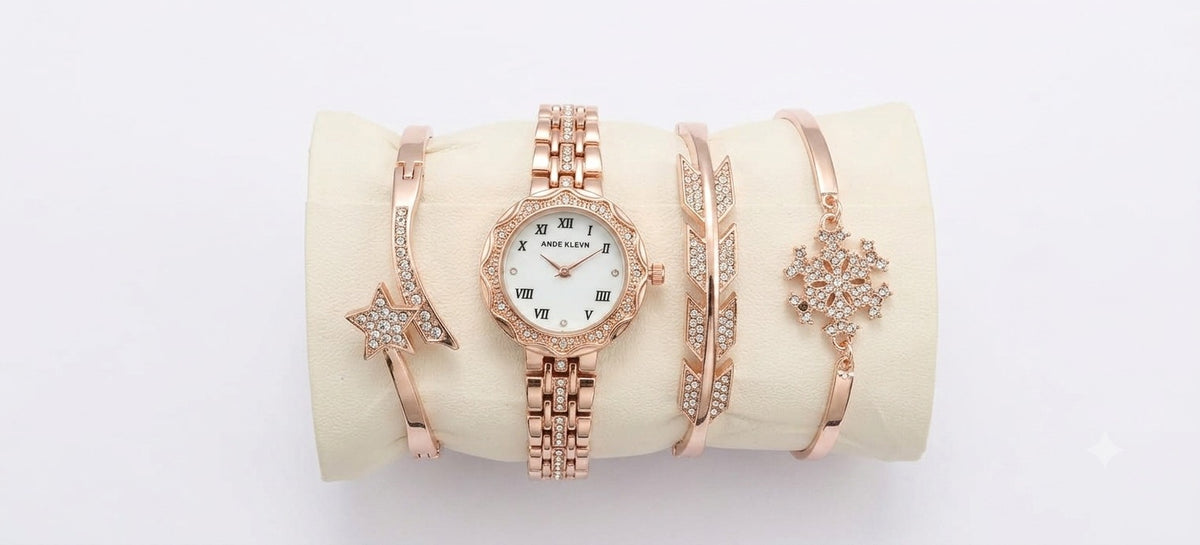 Elegant Rose Gold Women’s Watch &amp; Bracelet Gift Set