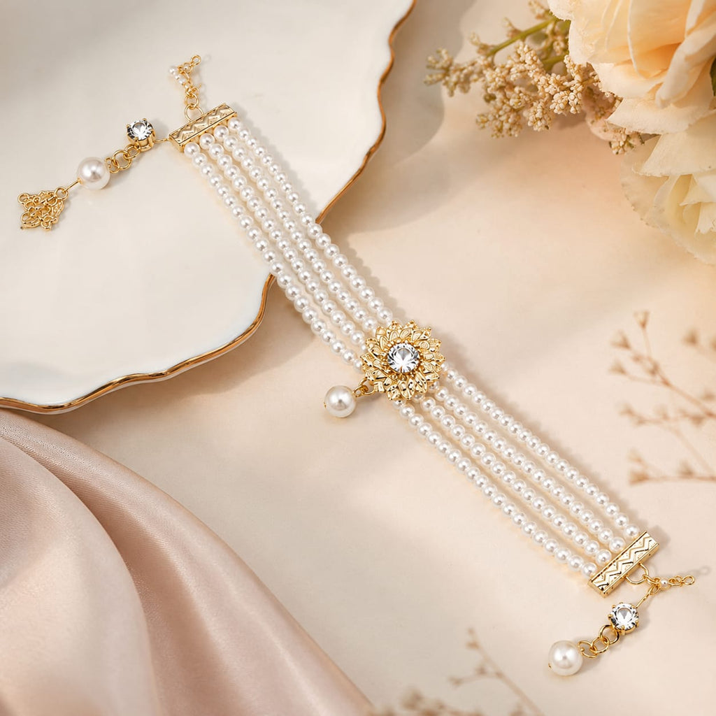 Elegant Multi-Layer Pearl Bracelet for Women – Gold-Tone Floral Statement Jewellery