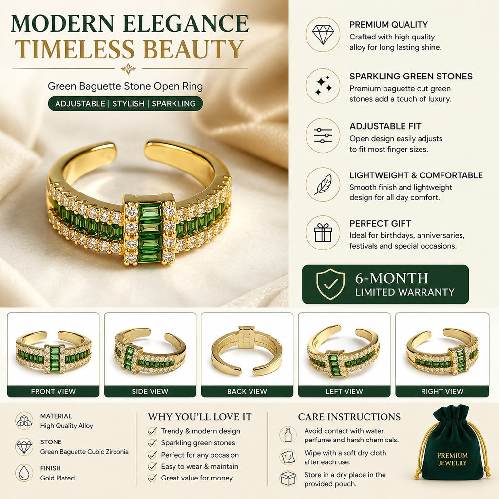 Emerald Luxe Gold-Tone Green Crystal Statement Ring for Women – Adjustable Cocktail & Party Ring