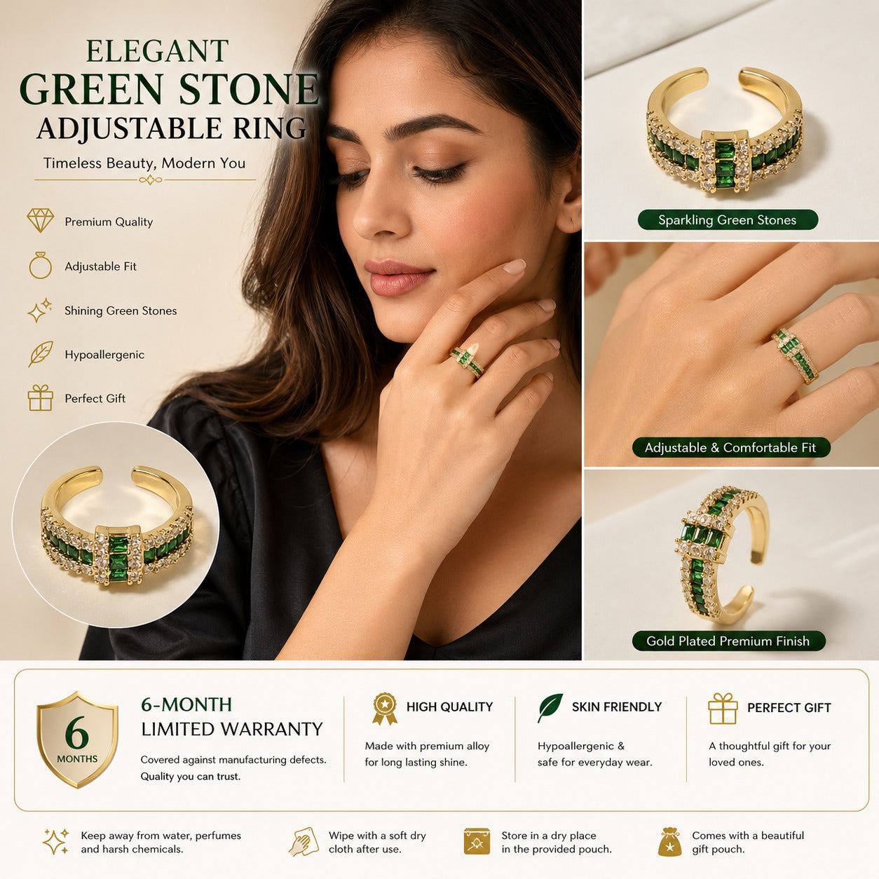 Emerald Luxe Gold-Tone Green Crystal Statement Ring for Women – Adjustable Cocktail & Party Ring