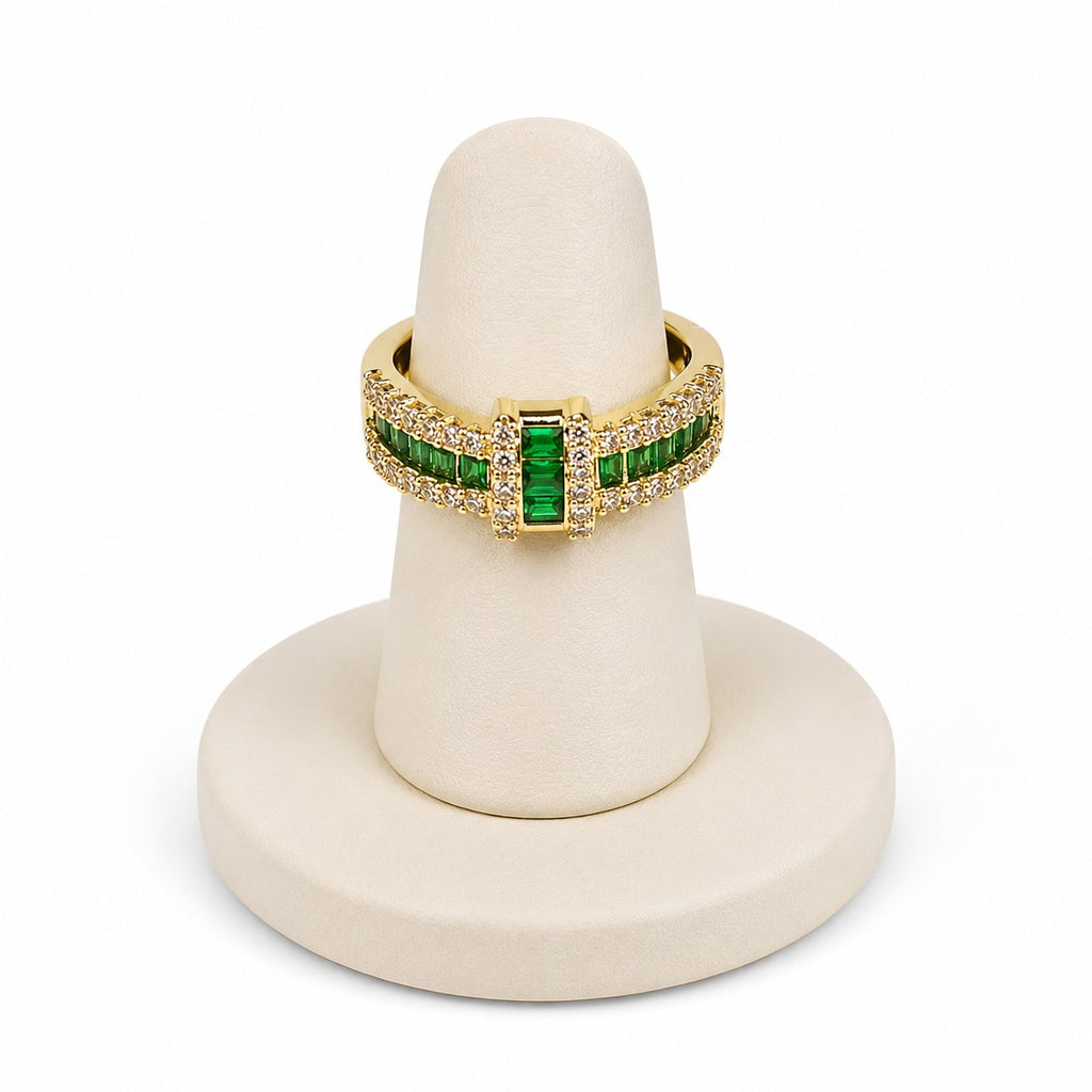 Emerald Luxe Gold-Tone Green Crystal Statement Ring for Women – Adjustable Cocktail & Party Ring