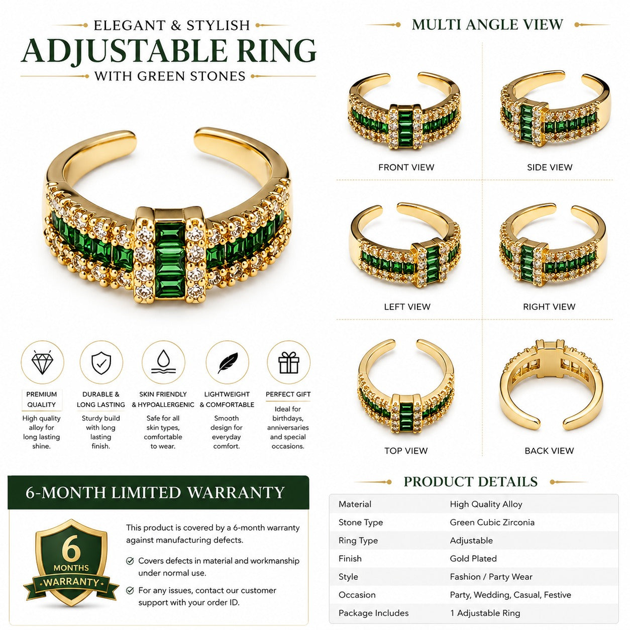 Emerald Luxe Gold-Tone Green Crystal Statement Ring for Women – Adjustable Cocktail & Party Ring
