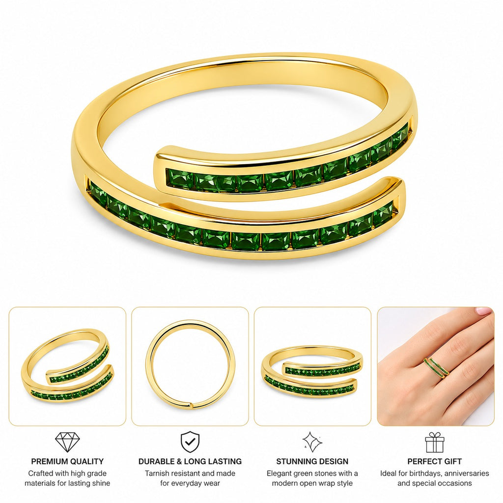 Emerald Glow Gold-Plated Adjustable Ring for Women – Green Cubic Zirconia Double Band Ring