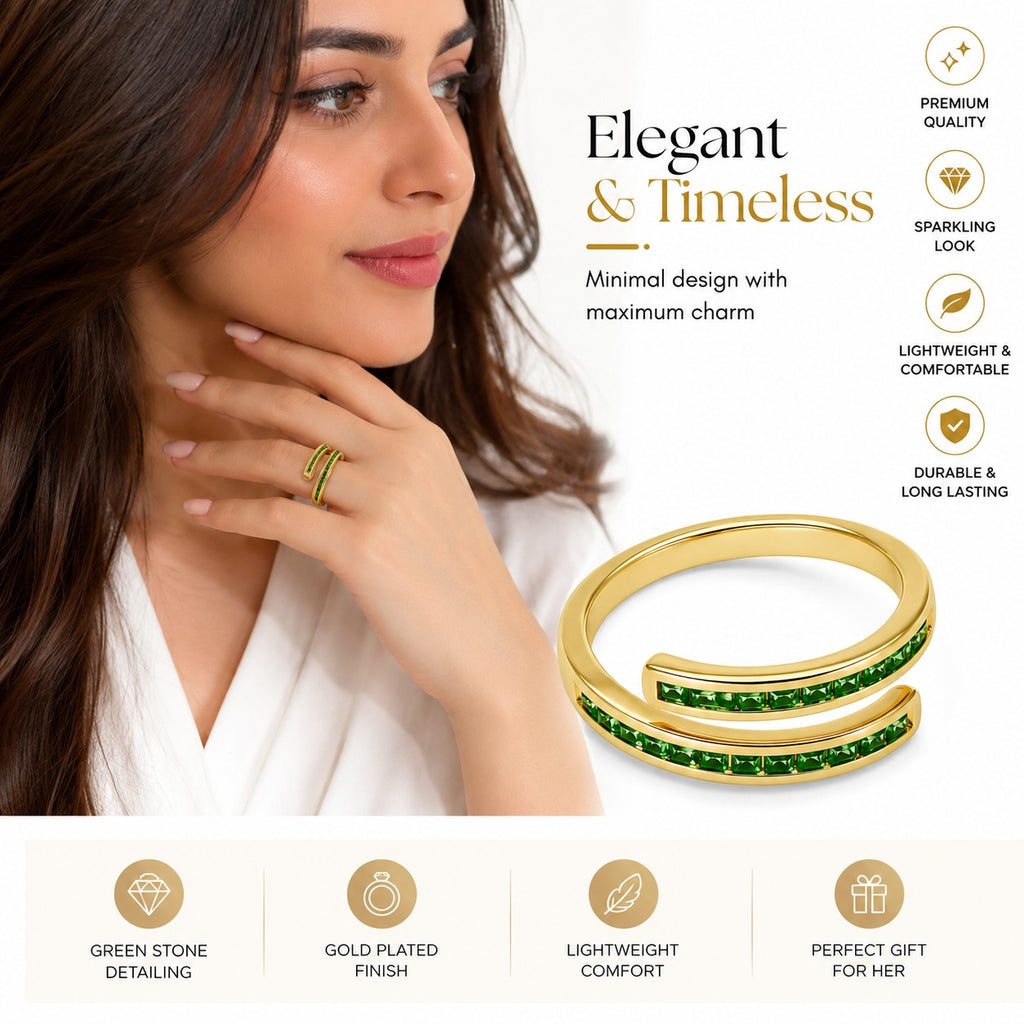 Emerald Glow Gold-Plated Adjustable Ring for Women – Green Cubic Zirconia Double Band Ring