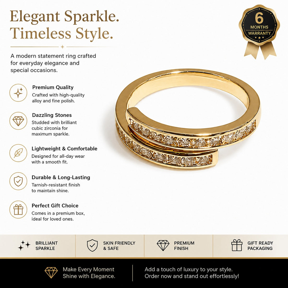 Golden Aura Gold-Plated Cubic Zirconia Double Band Ring for Women – Adjustable Statement Ring