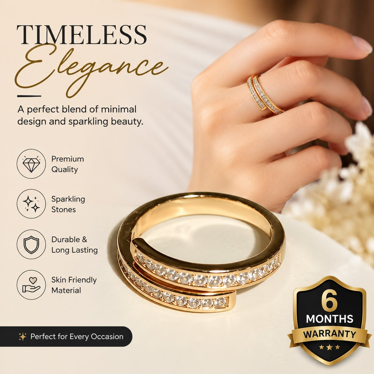Golden Aura Gold-Plated Cubic Zirconia Double Band Ring for Women – Adjustable Statement Ring