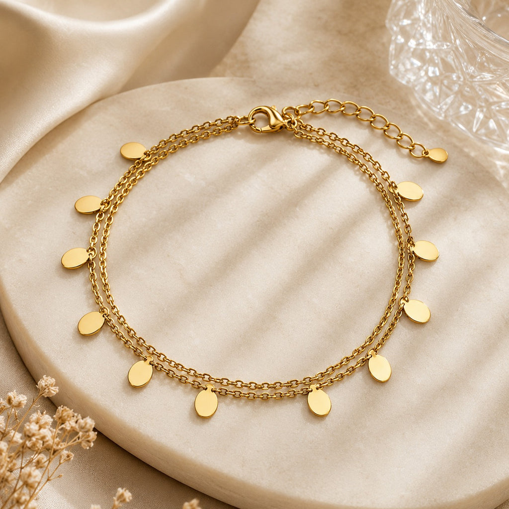 Golden Drops Gold-Plated Disc Charm Bracelet for Women – Double Layer Adjustable Minimalist Bracelet