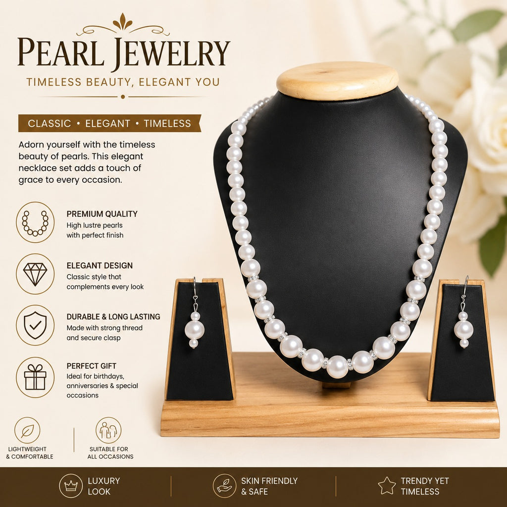 Pearl Elegance Classic White Pearl Necklace & Earrings Set for Women – Timeless Jewellery Set for Wedding & Party Wear