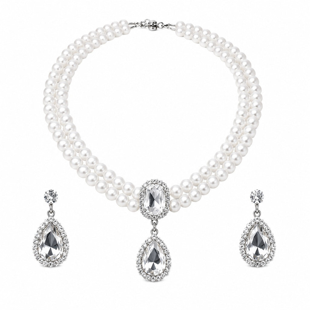 Royal Pearl Radiance Double-Layer Necklace & Crystal Drop Earrings Set for Women – Elegant Wedding & Party Jewellery
