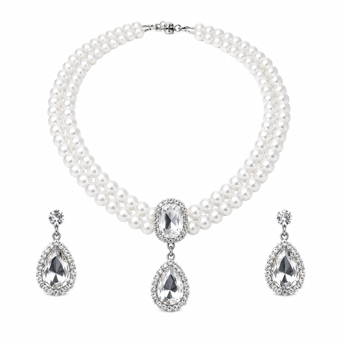 Royal Pearl Radiance Double-Layer Necklace & Crystal Drop Earrings Set for Women – Elegant Wedding & Party Jewellery