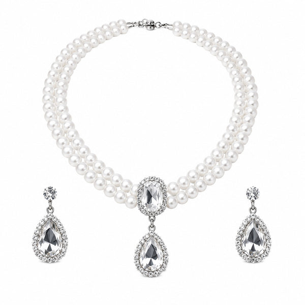 Royal Pearl Radiance Double-Layer Necklace & Crystal Drop Earrings Set for Women – Elegant Wedding & Party Jewellery