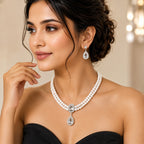 Royal Pearl Radiance Double-Layer Necklace & Crystal Drop Earrings Set for Women – Elegant Wedding & Party Jewellery
