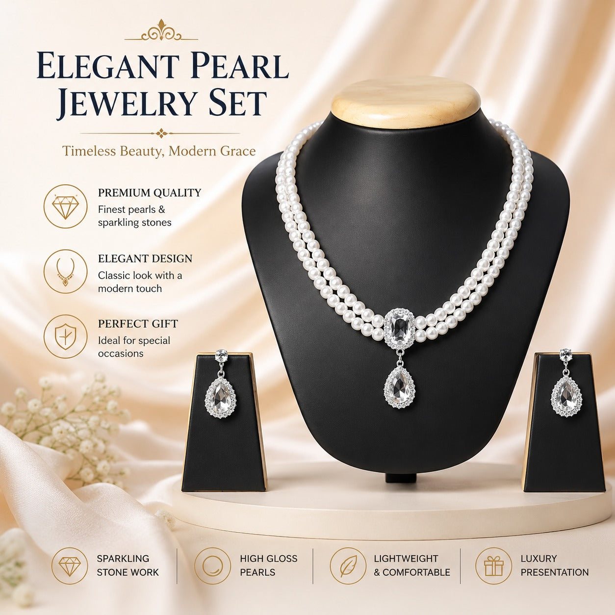 Royal Pearl Radiance Double-Layer Necklace & Crystal Drop Earrings Set for Women – Elegant Wedding & Party Jewellery