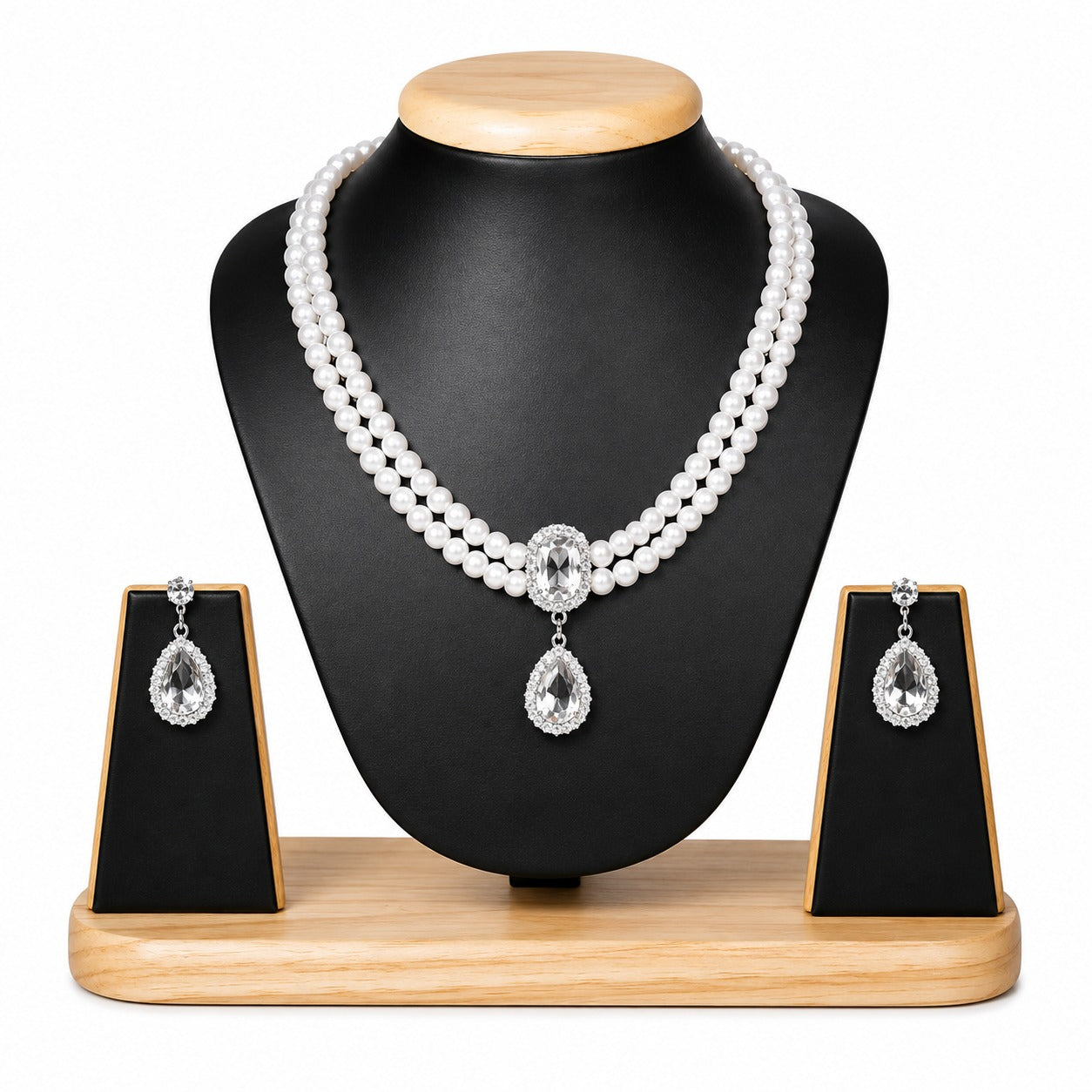 Royal Pearl Radiance Double-Layer Necklace & Crystal Drop Earrings Set for Women – Elegant Wedding & Party Jewellery