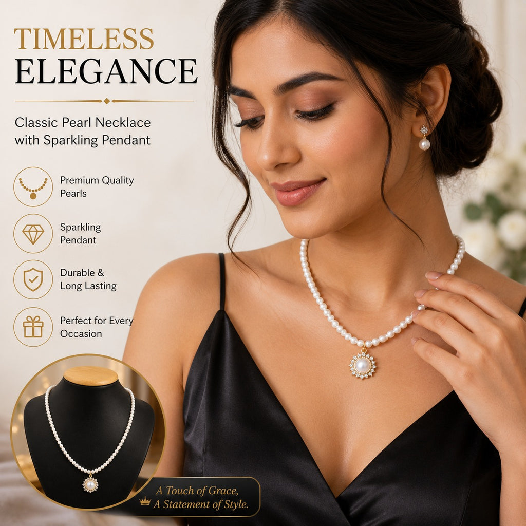 Pearl Royale Gold-Tone Sunburst Pendant Necklace for Women – Classic White Pearl Statement Necklace