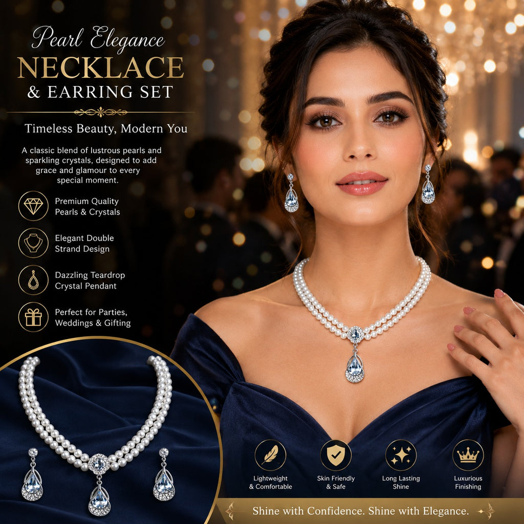 Pearl Luxe Double Strand Necklace & Crystal Teardrop Earrings Set for Women – Elegant Wedding & Party Jewellery