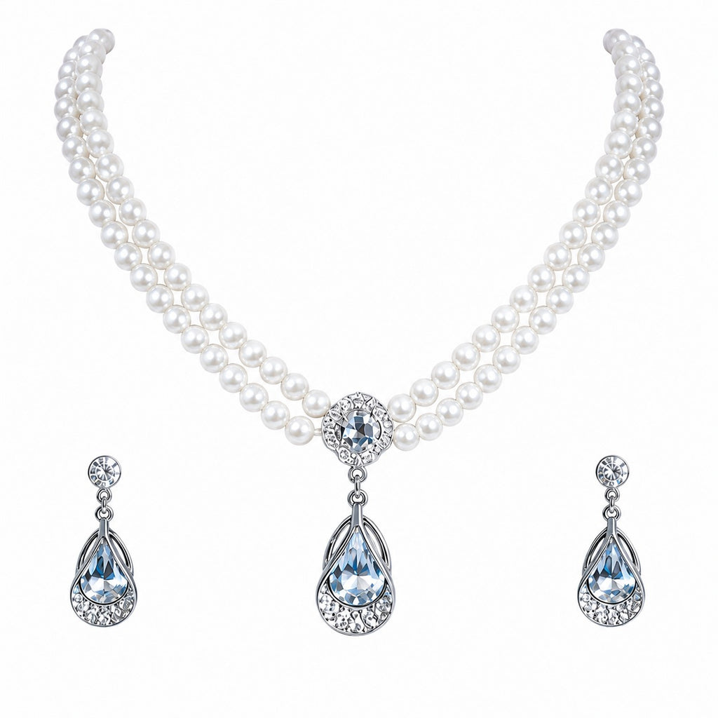 Pearl Luxe Double Strand Necklace & Crystal Teardrop Earrings Set for Women – Elegant Wedding & Party Jewellery
