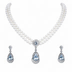 Pearl Luxe Double Strand Necklace & Crystal Teardrop Earrings Set for Women – Elegant Wedding & Party Jewellery