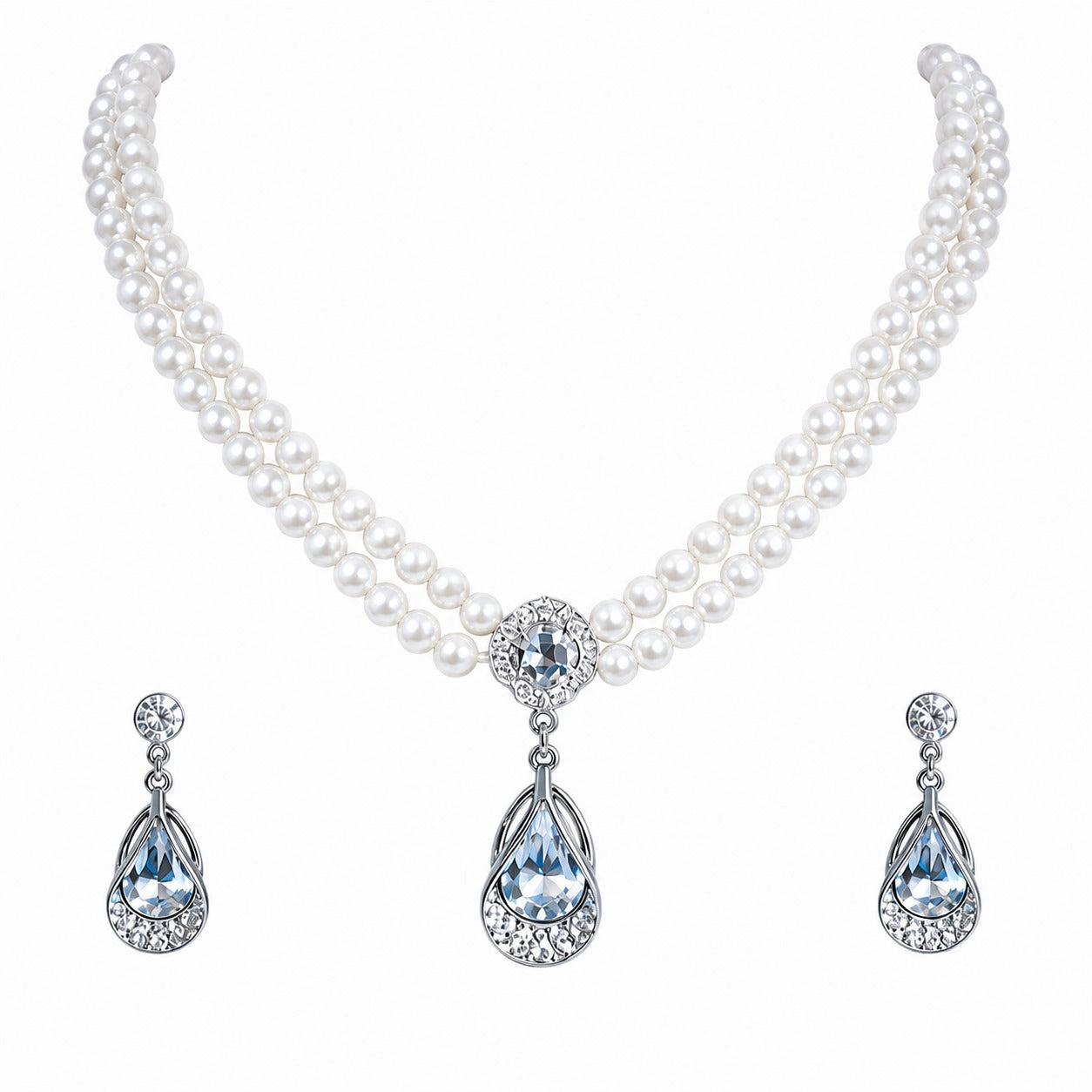 Pearl Luxe Double Strand Necklace & Crystal Teardrop Earrings Set for Women – Elegant Wedding & Party Jewellery
