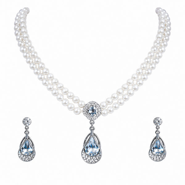Pearl Luxe Double Strand Necklace & Crystal Teardrop Earrings Set for Women