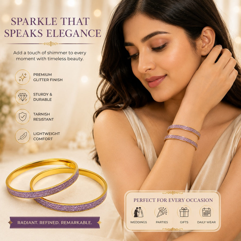 Lavender Sparkle Gold-Tone Glitter Bangles for Women – Set of 2 Elegant Purple Party Wear Bangles