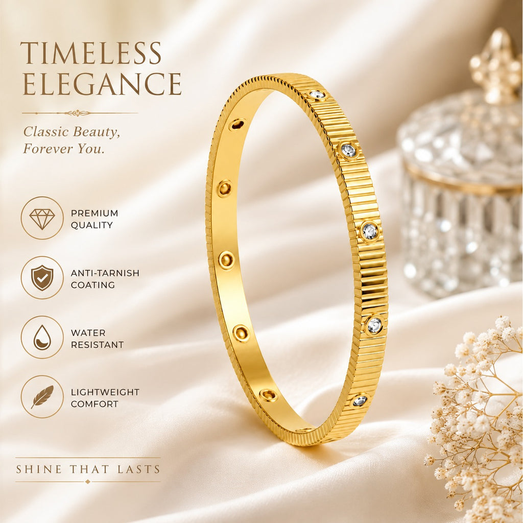 Golden Radiance Crystal Studded Bangle for Women – Elegant Gold-Tone Ribbed Kada Bracelet for Party & Daily Wear