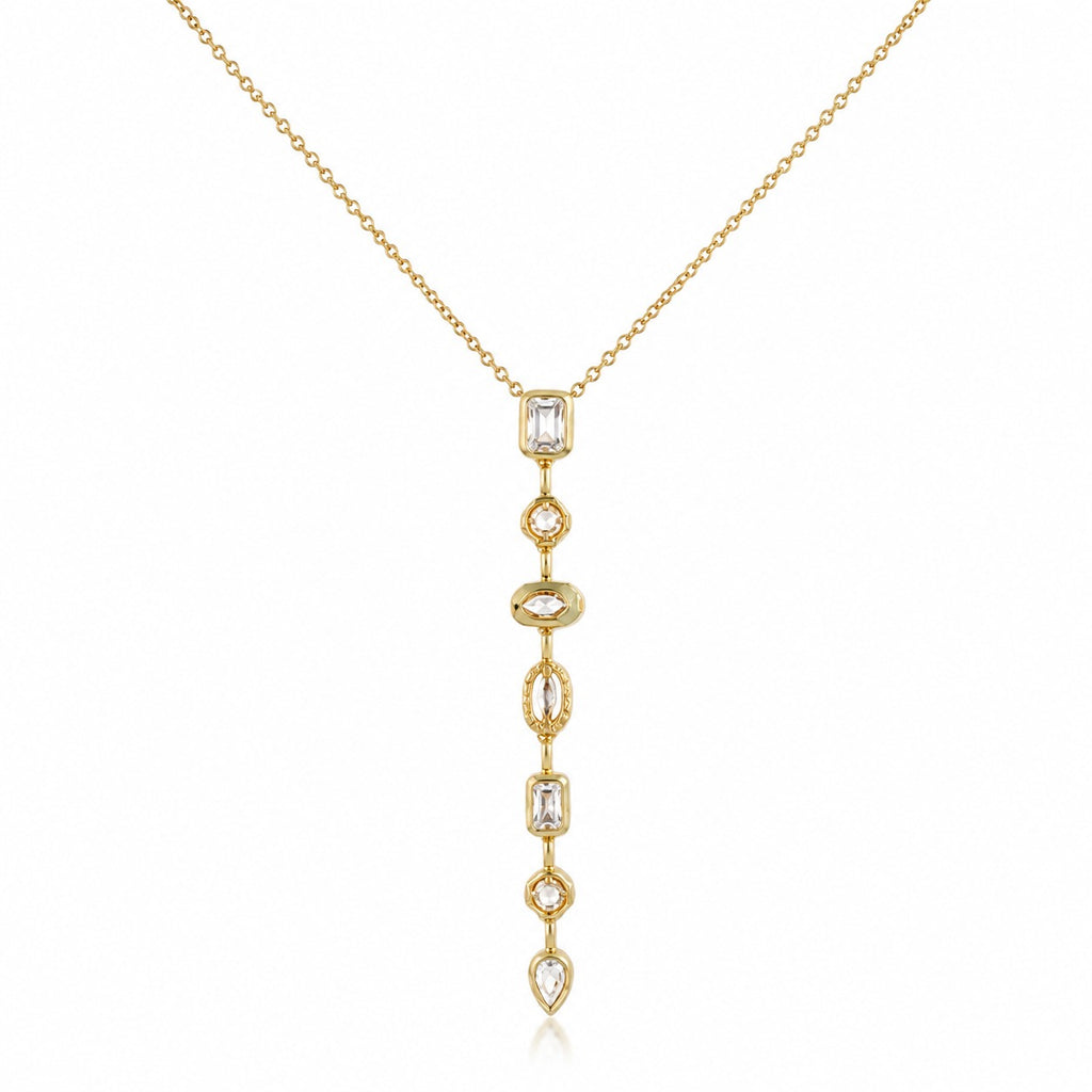 Golden Cascade Crystal Drop Necklace for Women – Elegant Y-Shaped Gold-Tone Pendant Necklace for Party & Wedding Wear