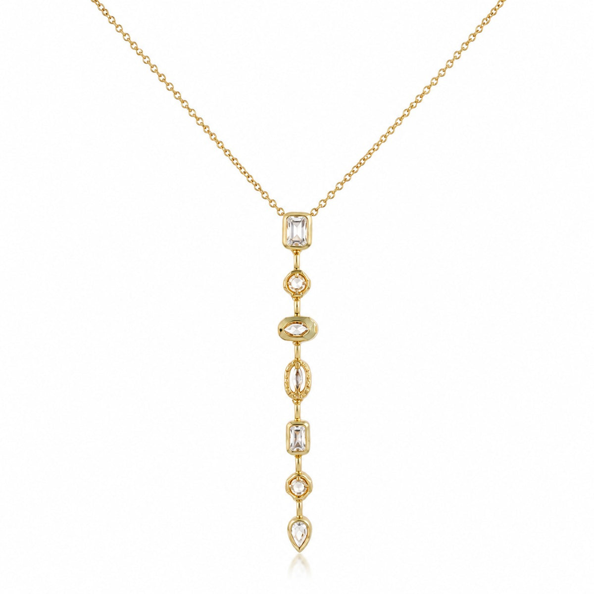Golden Cascade Crystal Drop Necklace for Women – Elegant Y-Shaped Gold-Tone Pendant Necklace for Party & Wedding Wear