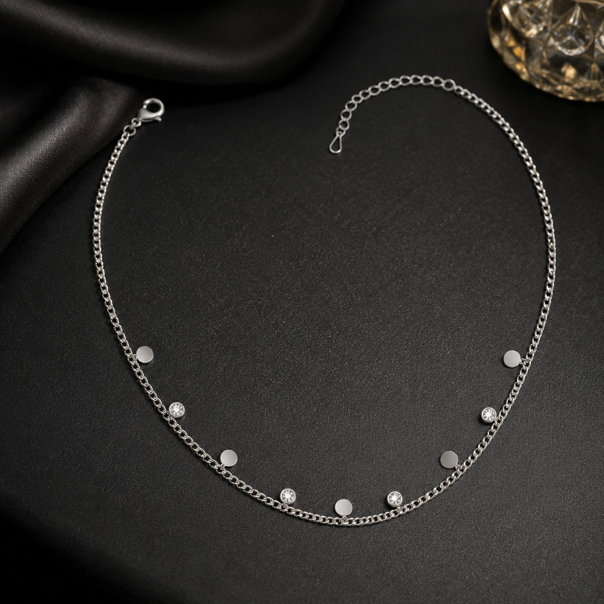 Luna Sparkle Silver-Tone Disc & Crystal Station Necklace for Women – Minimal Adjustable Daily Wear Chain