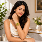 Emerald Glow Gold-Plated Coil Watch for Women – Green Dial Crystal Studded Stretchable Bracelet Watch