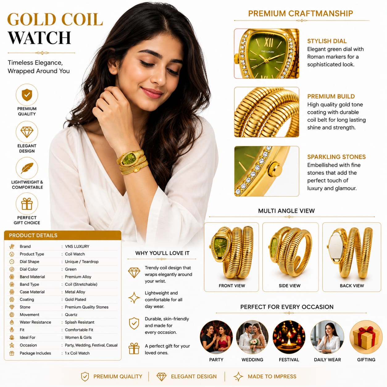 Emerald Glow Gold-Plated Coil Watch for Women – Green Dial Crystal Studded Stretchable Bracelet Watch
