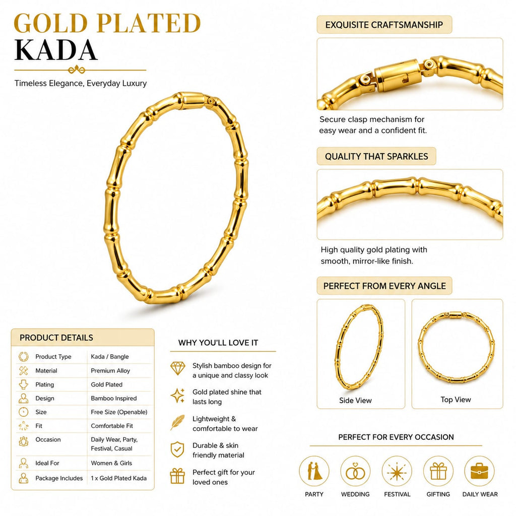 Golden Bamboo Kada for Women – Gold-Plated Bamboo Design Openable Bangle Bracelet