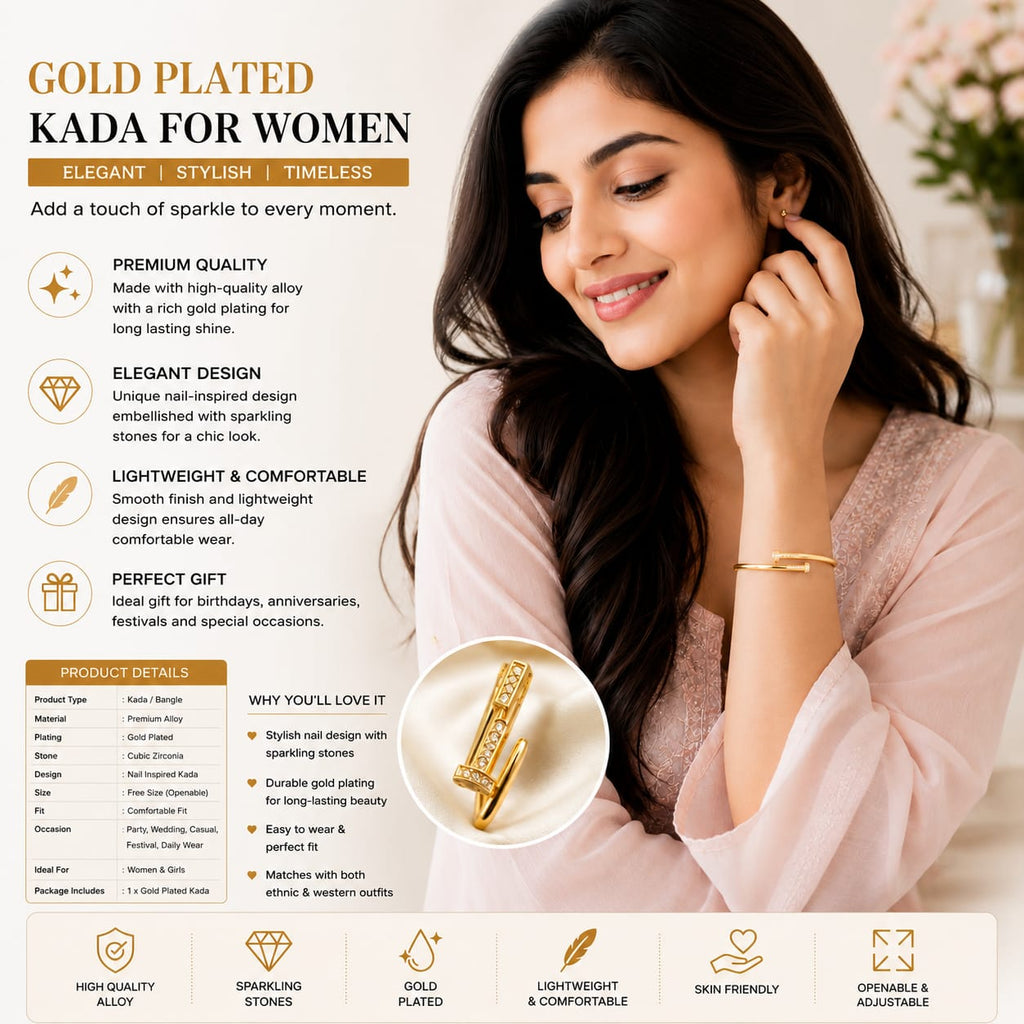 Gold-Plated Nail Kada for Women – Sparkling CZ Stone Openable & Adjustable Bangle Bracelet