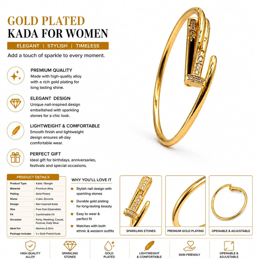 Gold-Plated Nail Kada for Women – Sparkling CZ Stone Openable & Adjustable Bangle Bracelet