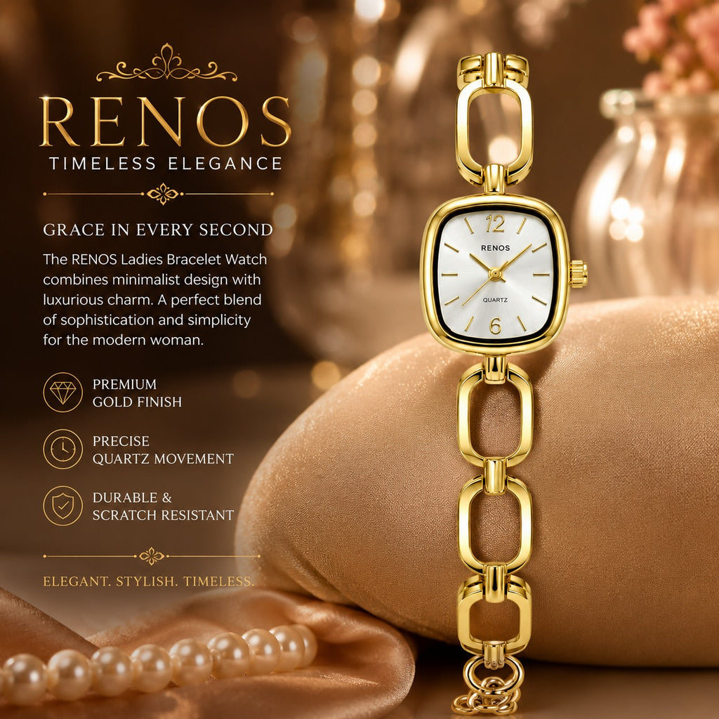 RENOS Luxury Gold-Tone Bracelet Watch for Women – Elegant Square Dial Quartz Chain Wrist Watch