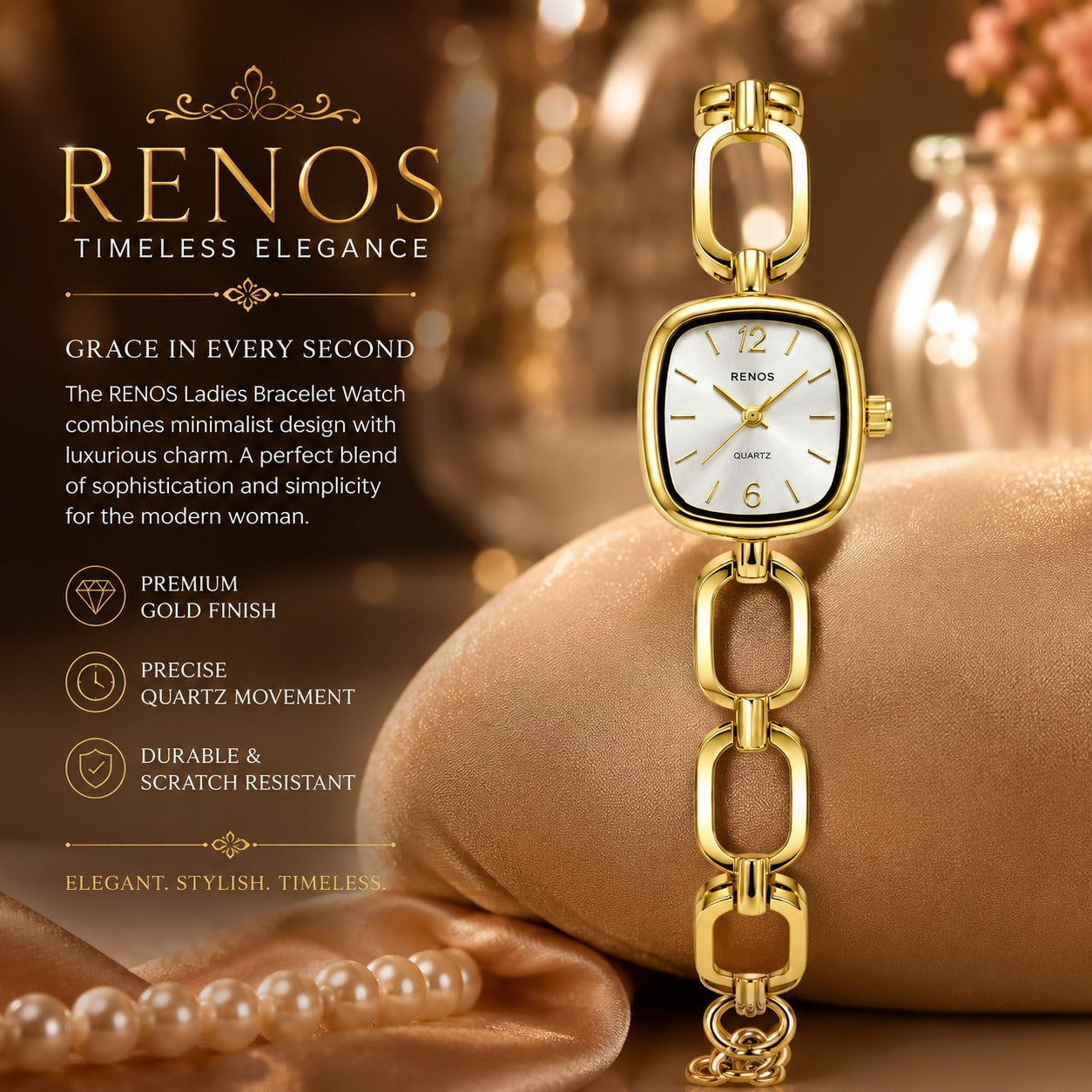 RENOS Luxury Gold-Tone Bracelet Watch for Women – Elegant Square Dial Quartz Chain Wrist Watch