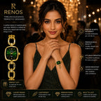 RENOS Luxury Gold-Tone Bracelet Watch for Women – Emerald Green Square Dial Quartz Ladies Watch