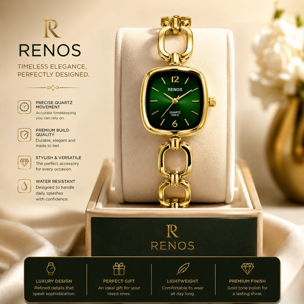 RENOS Luxury Gold-Tone Bracelet Watch for Women – Emerald Green Square Dial Quartz Ladies Watch