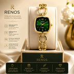 RENOS Luxury Gold-Tone Bracelet Watch for Women – Emerald Green Square Dial Quartz Ladies Watch