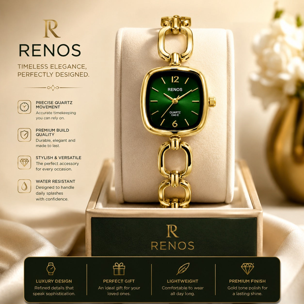 RENOS Luxury Gold-Tone Bracelet Watch for Women – Emerald Green Square Dial Quartz Ladies Watch