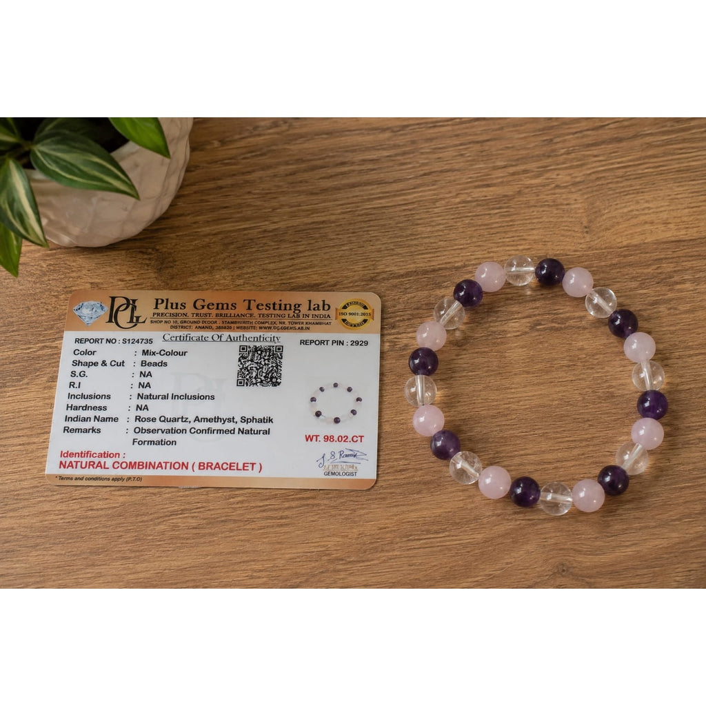 Natural Amethyst, Rose Quartz & Clear Quartz Bracelet for Men & Women
