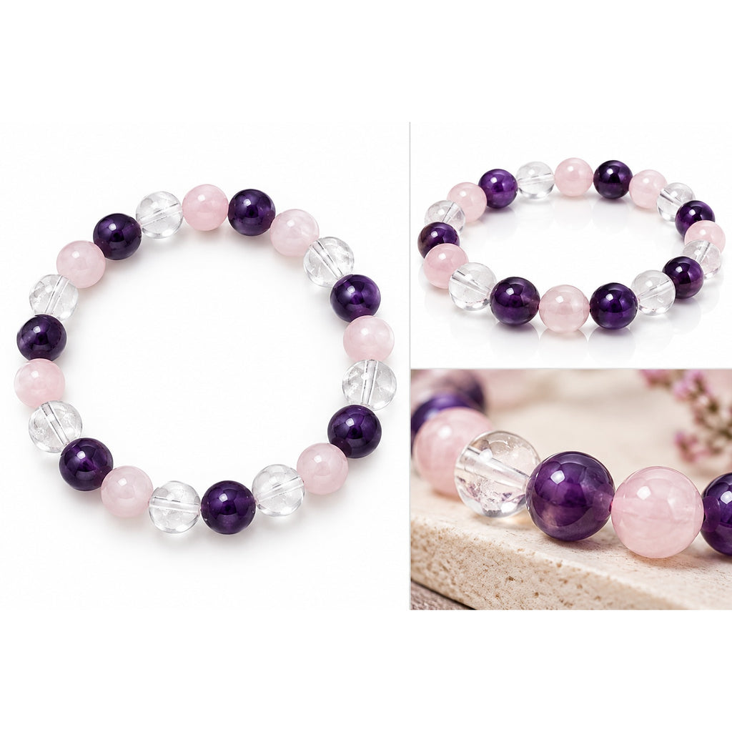 Natural Amethyst, Rose Quartz & Clear Quartz Bracelet for Men & Women