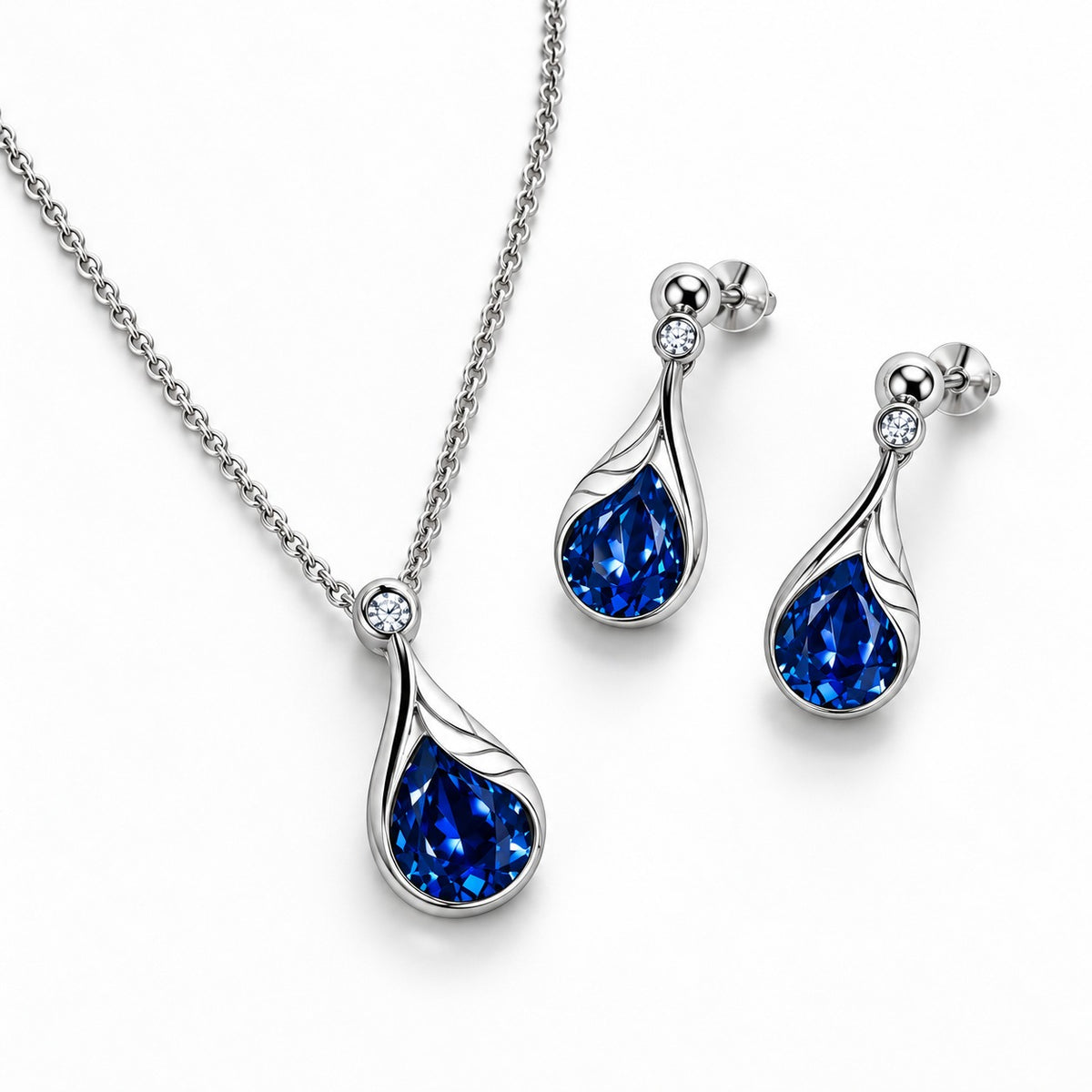 SILVER TONE BLUE CRYSTAL TEARDROP NECKLACE SET