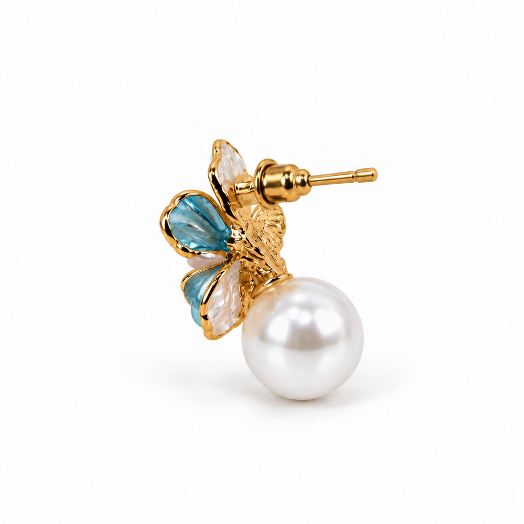 Blue Floral Pearl Drop Earrings