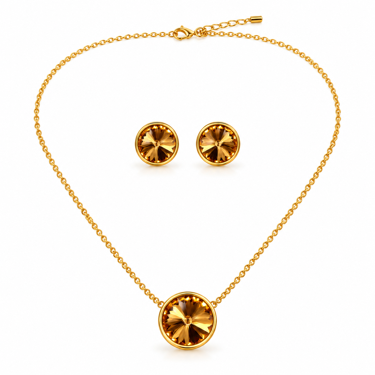 Gold-Toned Round Crystal Pendant Necklace & Stud Earrings Jewellery