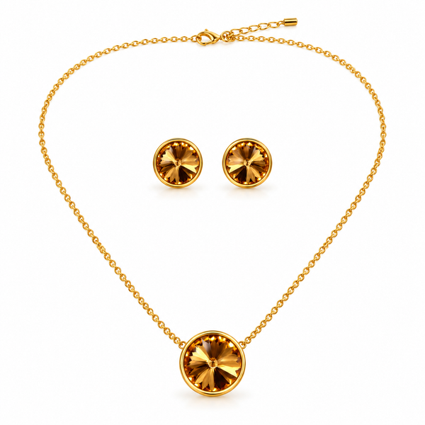 Gold-Toned Round Crystal Pendant Necklace & Stud Earrings Jewellery