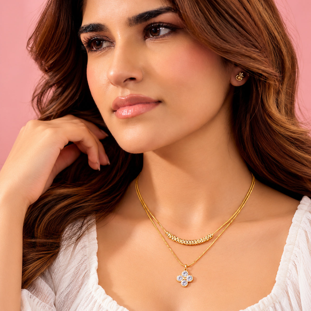 Women's Gold-Toned Double-Layered White Stone-Studded Floral Pendant Necklace