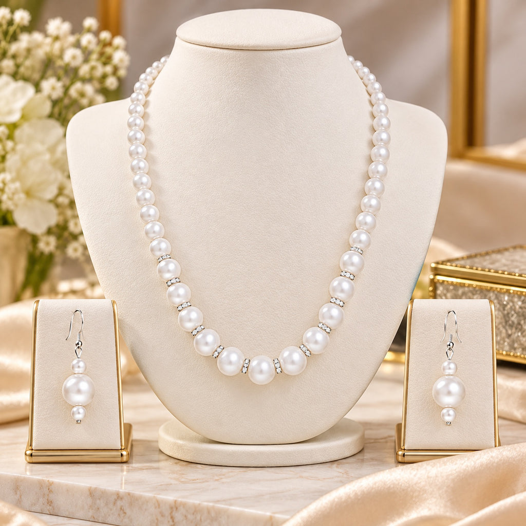 Pearl Elegance Classic White Pearl Necklace & Earrings Set for Women – Timeless Jewellery Set for Wedding & Party Wear