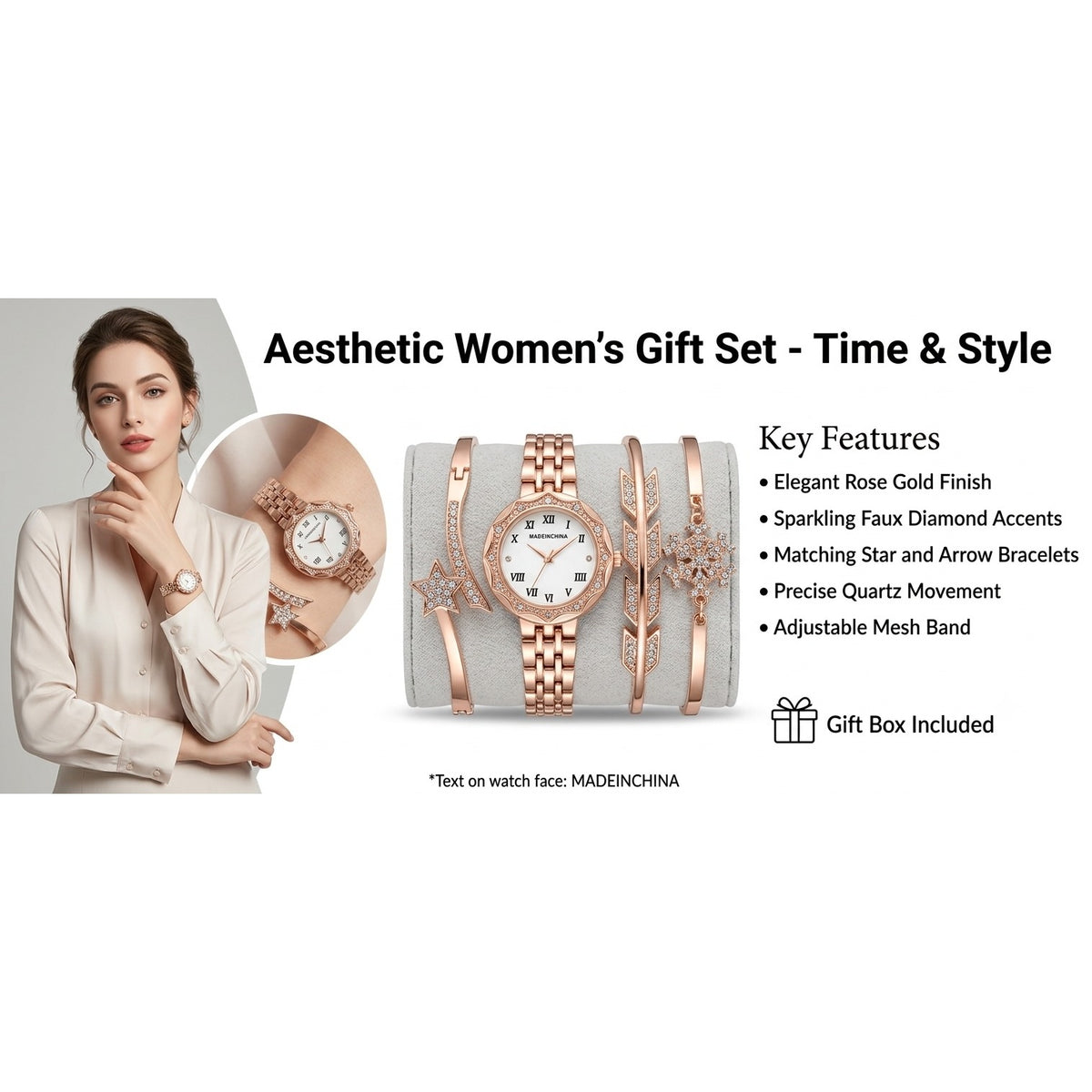 Elegant Rose Gold Women’s Watch & Bracelet Gift Set