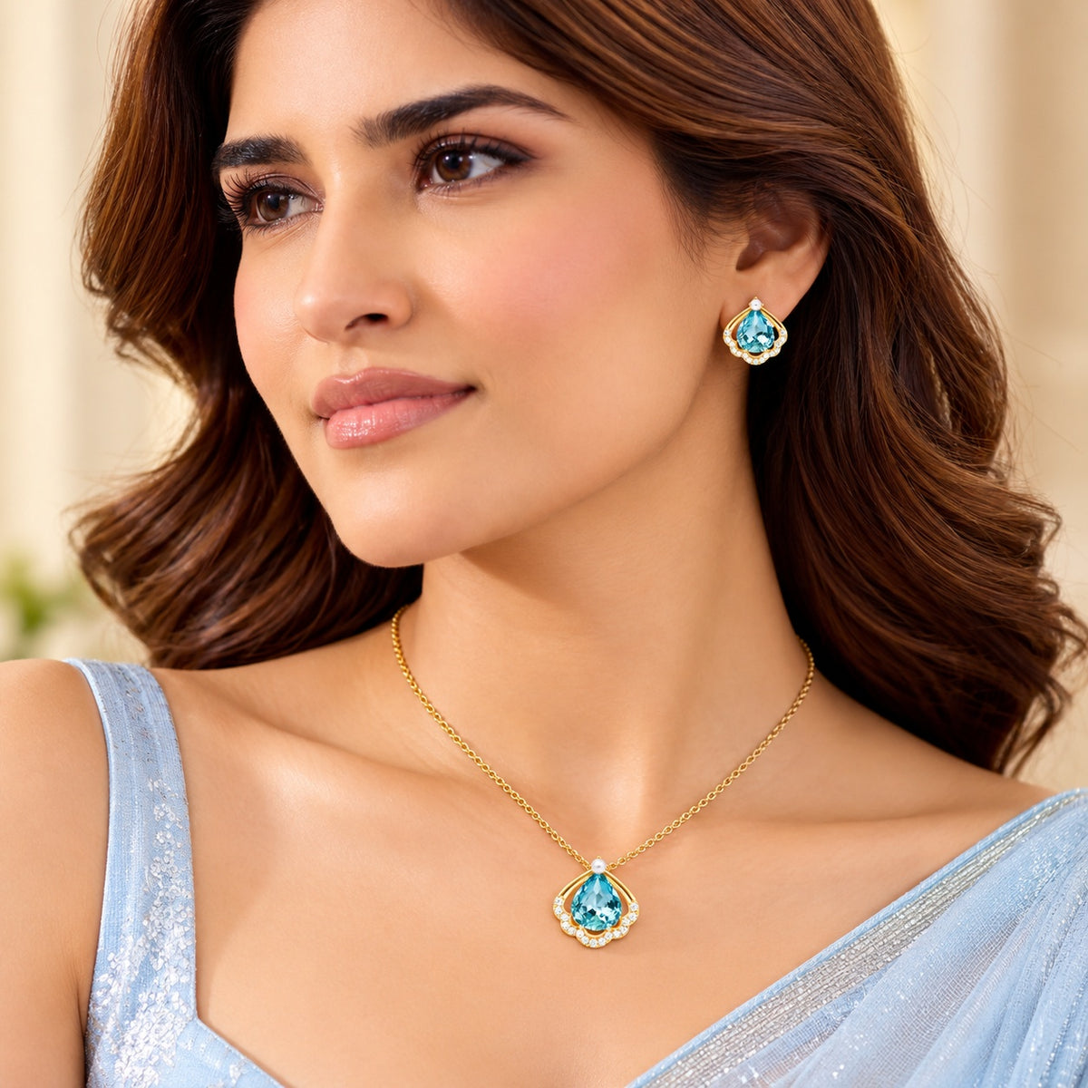 Women's Gold-Toned Blue Teardrop Stone-Studded Pendant Necklace